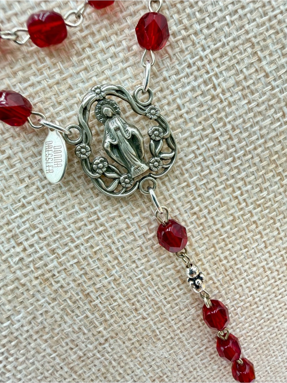 Donna Dressler Sterling Silver Ruby Crystal Rosary Crucifix VTG Tagged 26” w 6”D - Picture 14 of 17